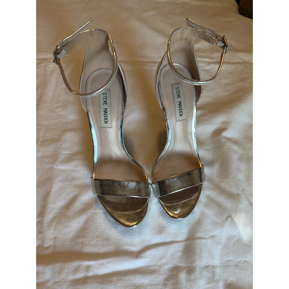 Steve Madden Womens Silver Metallic Platform Stiletto Ankle Strap Heels Size 7M